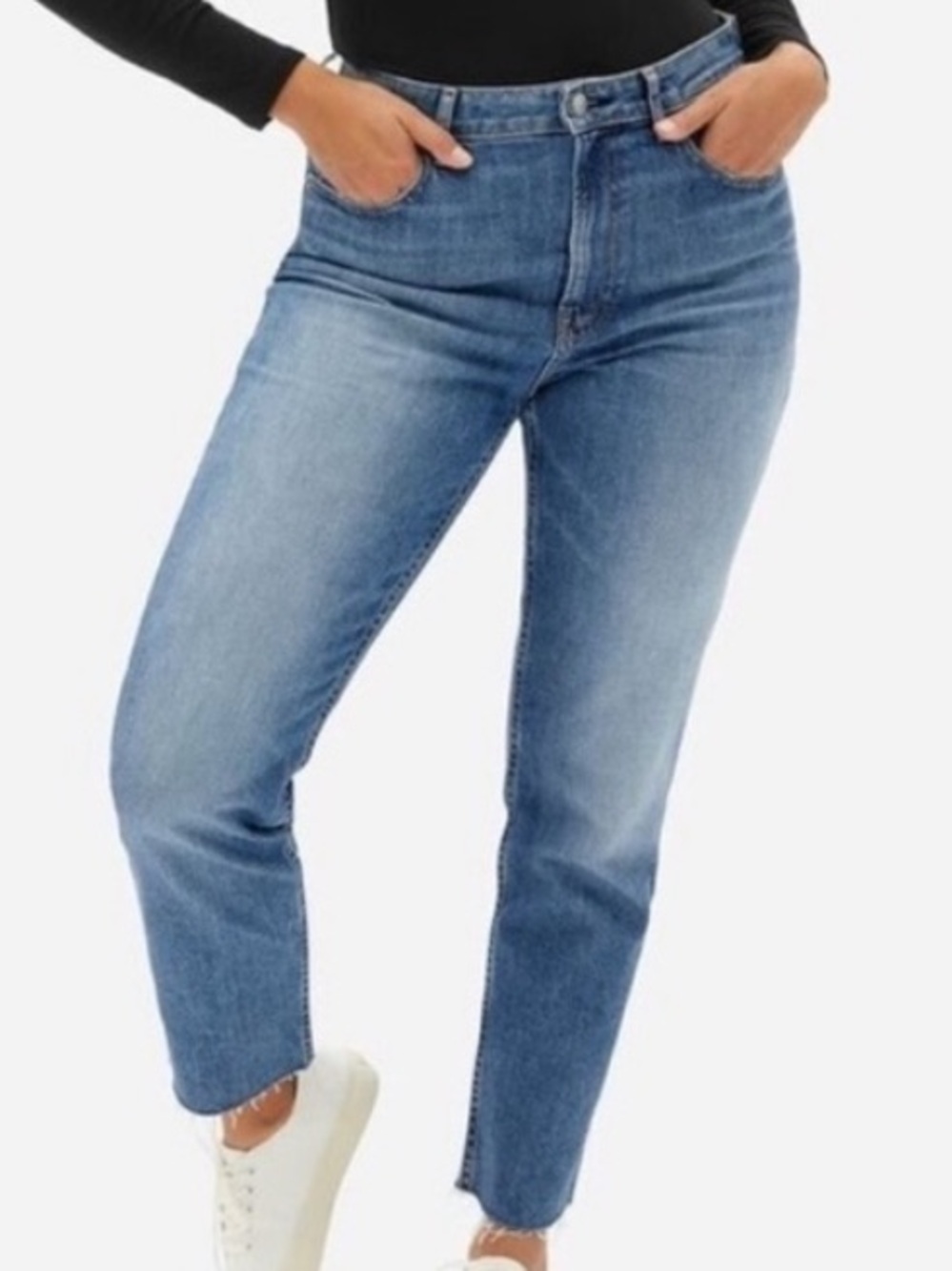 Everlane Curvy Cheeky Straight Jean in Classic Blue Raw Hem Size 29 Ankle